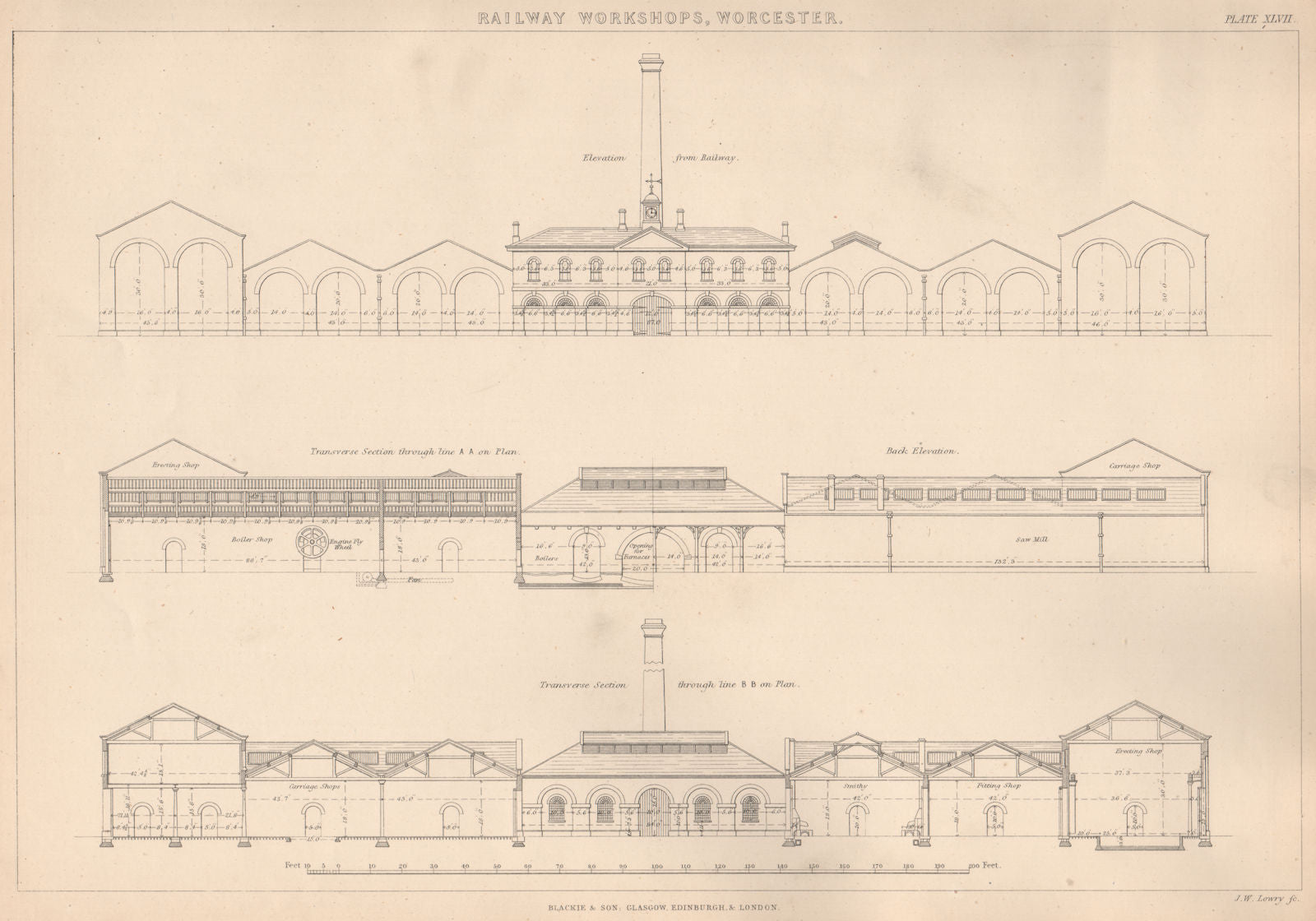 RAILWAY WORKSHOPS, WORCESTER. Transverse Sections. Architectural print 1876